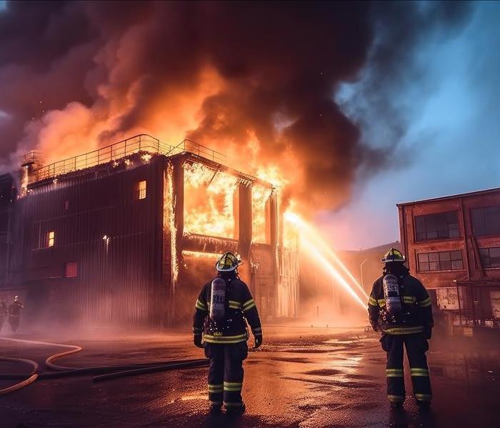 Firefighter with water hose extinguishing fire, Firefighter wearing a fire suit for safety under the danger ca